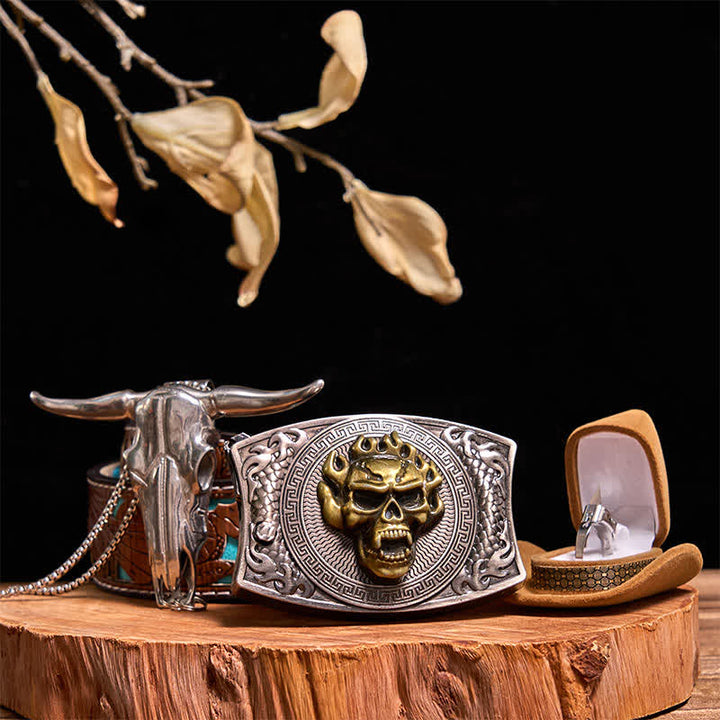 Set di anelli tattici con ciondolo a forma di toro, fibbia per cintura con coltello nascosto fai da te e teschio d'oro - Teschio d'oro - Cintura intagliata turchese - 42 - image 7
