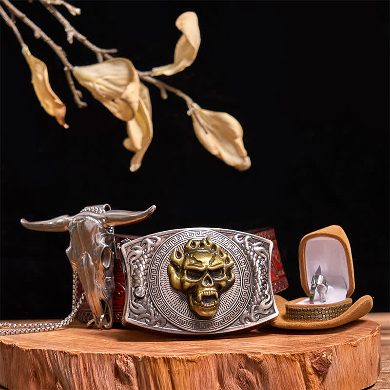 Set di anelli tattici con ciondolo a forma di toro, fibbia per cintura con coltello nascosto fai da te e teschio d'oro - Teschio d'oro - Cintura marrone intagliata - 42 - image 10