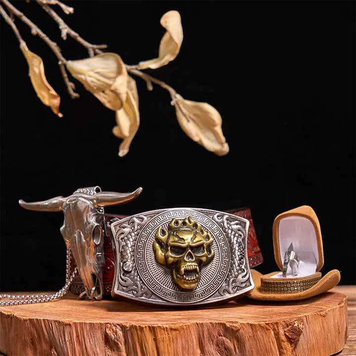 Set di anelli tattici con ciondolo a forma di toro, fibbia per cintura con coltello nascosto fai da te e teschio d'oro - Teschio d'oro - Cintura marrone intagliata - 42 - image 10