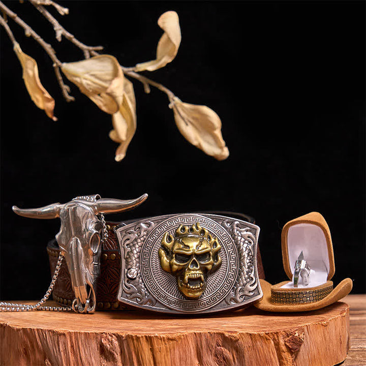 Set di anelli tattici con ciondolo a forma di toro, fibbia per cintura con coltello nascosto fai da te e teschio d'oro - Teschio d'oro - Cintura con rivetti marroni - 42 - image 8