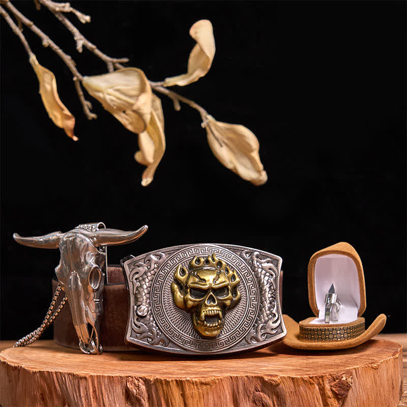 Set di anelli tattici con ciondolo a forma di toro, fibbia per cintura con coltello nascosto fai da te e teschio d'oro - Teschio d'oro - Cintura marrone anticata - 42 - image 9