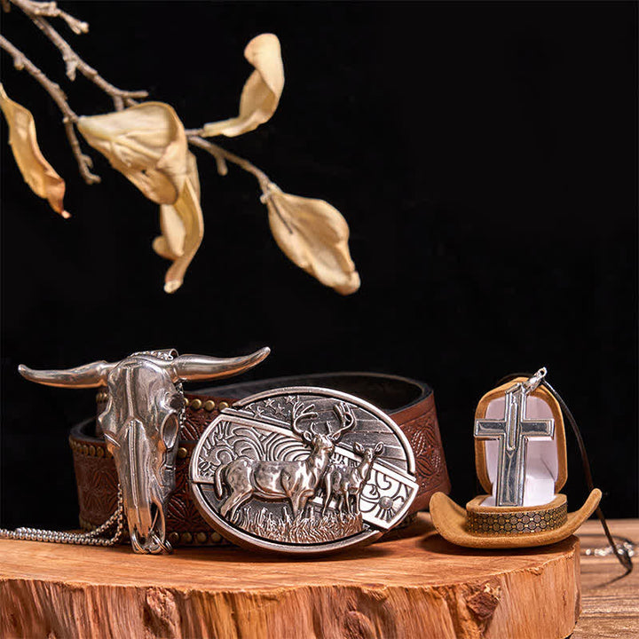 Set di collana con croce creativa, ciondolo a forma di toro, fibbia per cintura con coltello nascosto fai da te Dual Deers - Cervi doppi - Cintura con rivetti marroni - 42 - image 9