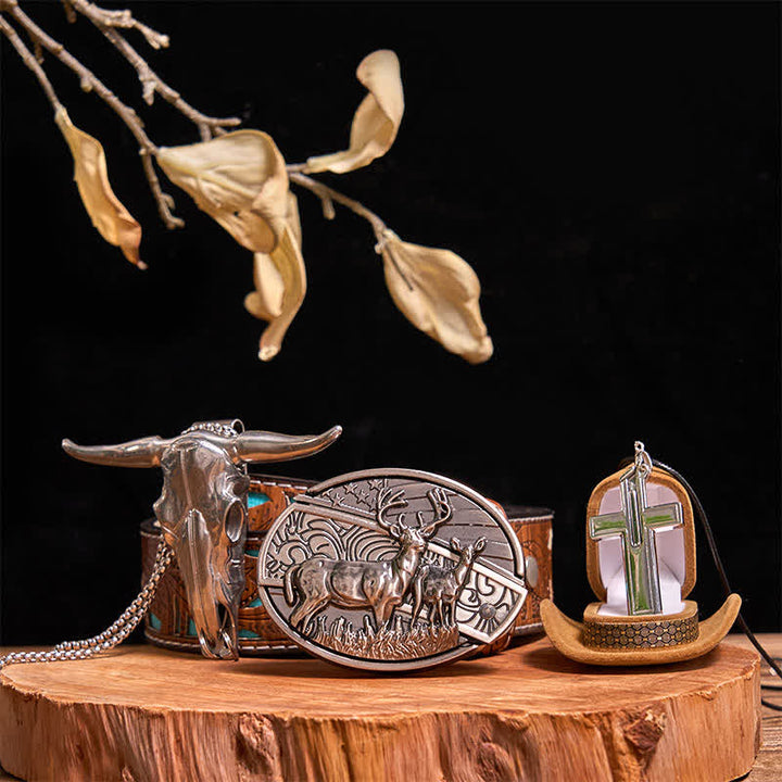 Set di collana con croce creativa, ciondolo a forma di toro, fibbia per cintura con coltello nascosto fai da te Dual Deers - Cervi doppi - Cintura intagliata turchese - 42 - image 8