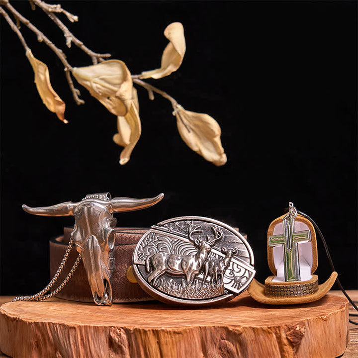 Set di collana con croce creativa, ciondolo a forma di toro, fibbia per cintura con coltello nascosto fai da te Dual Deers - Cervi doppi - Cintura marrone anticata - 42 - image 10