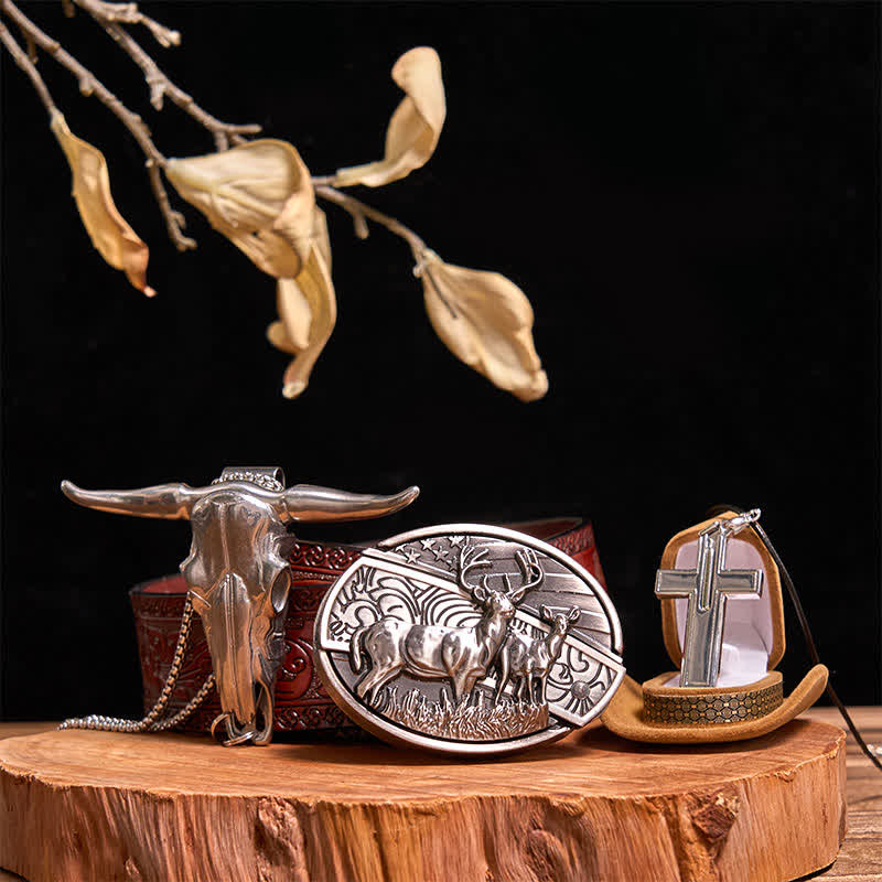 Set di collana con croce creativa, ciondolo a forma di toro, fibbia per cintura con coltello nascosto fai da te Dual Deers - Cervi doppi - Cintura marrone intagliata - 42 - image 11