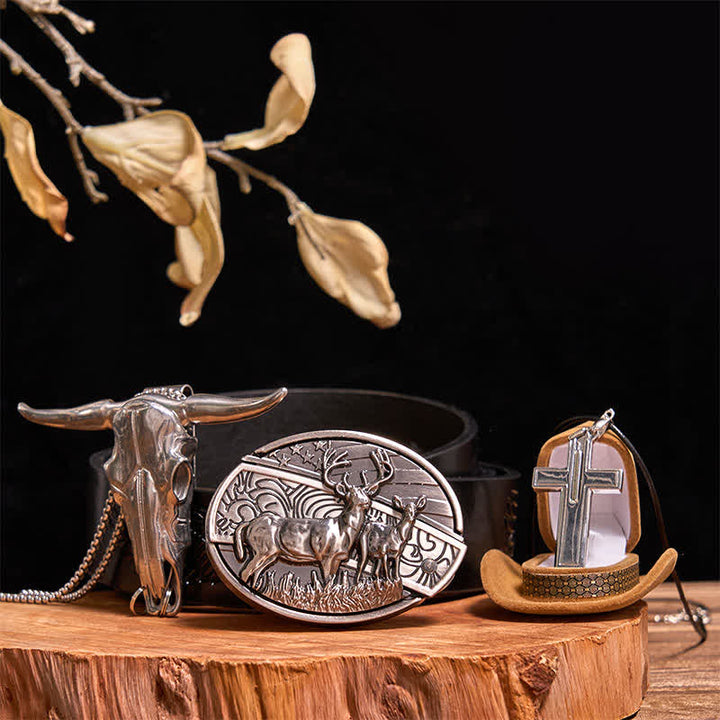 Set di collana con croce creativa, ciondolo a forma di toro, fibbia per cintura con coltello nascosto fai da te Dual Deers - Cervi doppi - Cintura con aquila in rilievo nera - 42 - image 0