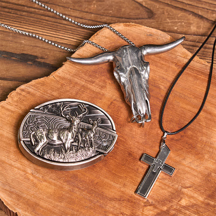 Set di collana con croce creativa, ciondolo a forma di toro, fibbia per cintura con coltello nascosto fai da te Dual Deers - Cervi doppi - Senza cintura - Cintura non inclusa - image 1