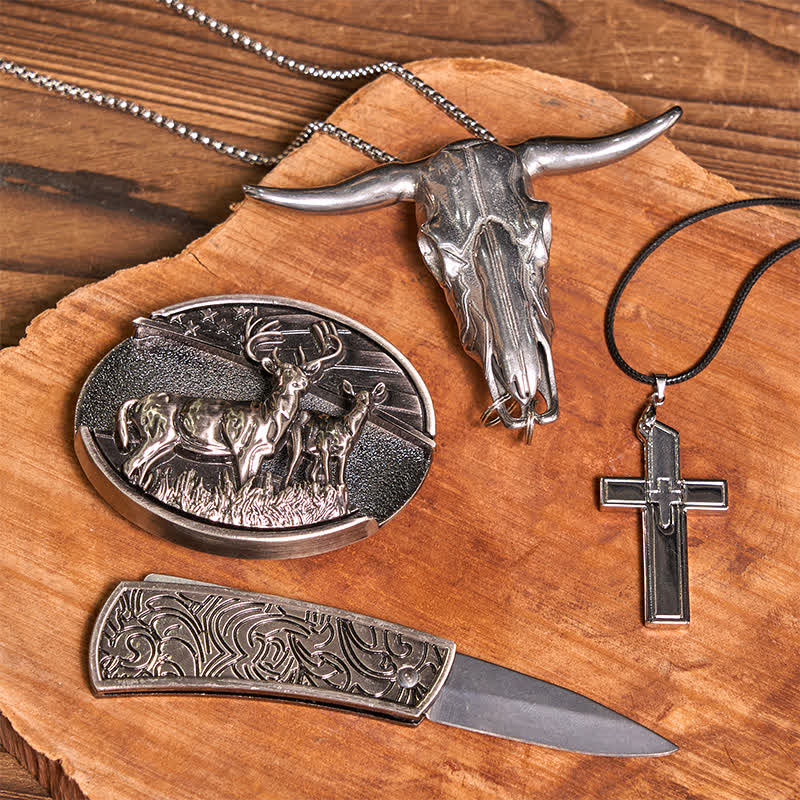 Set di collana con croce creativa, ciondolo a forma di toro, fibbia per cintura con coltello nascosto fai da te Dual Deers - image 3