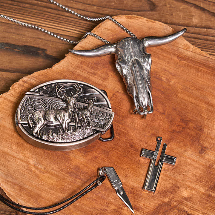 Set di collana con croce creativa, ciondolo a forma di toro, fibbia per cintura con coltello nascosto fai da te Dual Deers - image 2