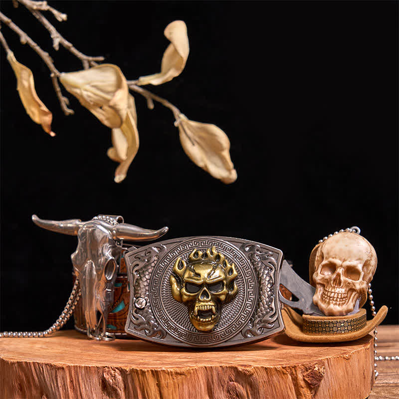Set di collana con ciondolo a forma di teschio dorato, fibbia per cintura con coltello nascosto fai da te e testa di teschio di toro - Teschio d'oro - Cintura intagliata turchese - 42 - image 10