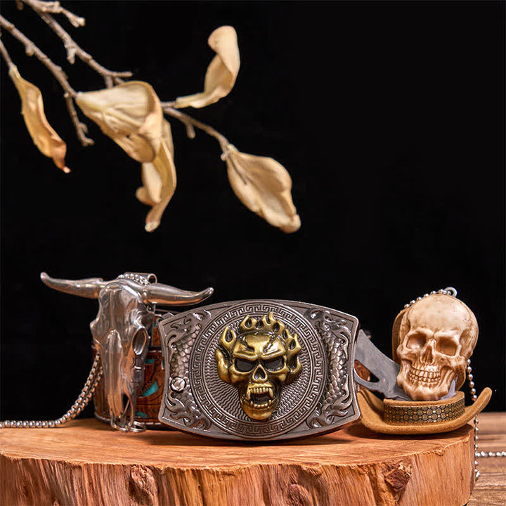 Set di collana con ciondolo a forma di teschio dorato, fibbia per cintura con coltello nascosto fai da te e testa di teschio di toro - Teschio d'oro - Cintura intagliata turchese - 42 - image 10