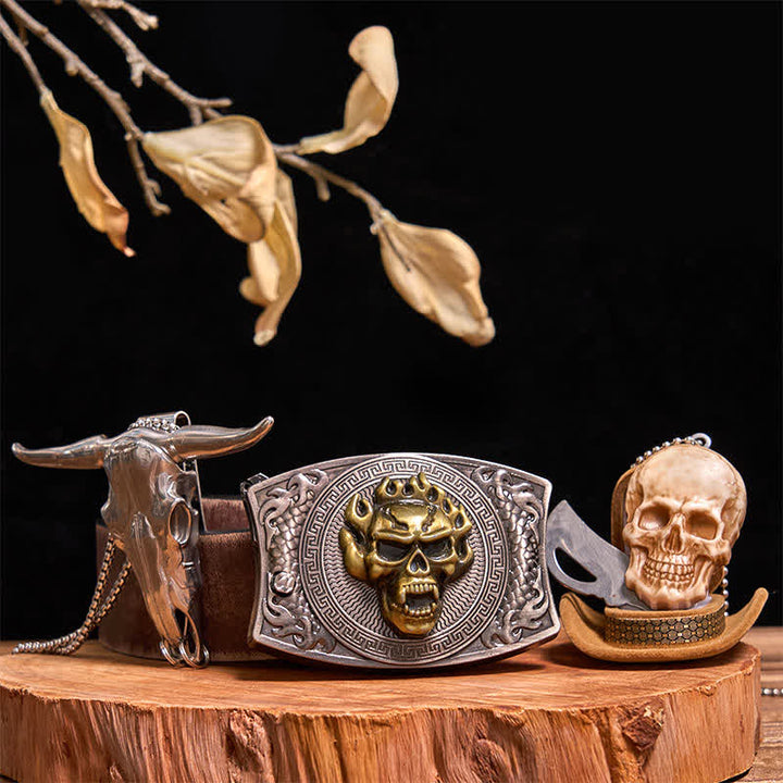 Set di collana con ciondolo a forma di teschio dorato, fibbia per cintura con coltello nascosto fai da te e testa di teschio di toro - Teschio d'oro - Cintura marrone anticata - 42 - image 12