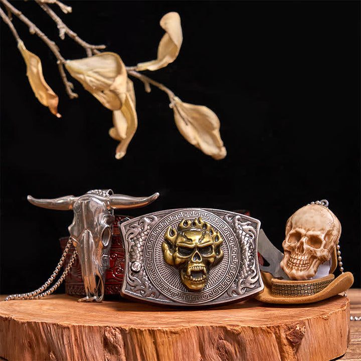 Set di collana con ciondolo a forma di teschio dorato, fibbia per cintura con coltello nascosto fai da te e testa di teschio di toro - Teschio d'oro - Cintura marrone intagliata - 42 - image 13