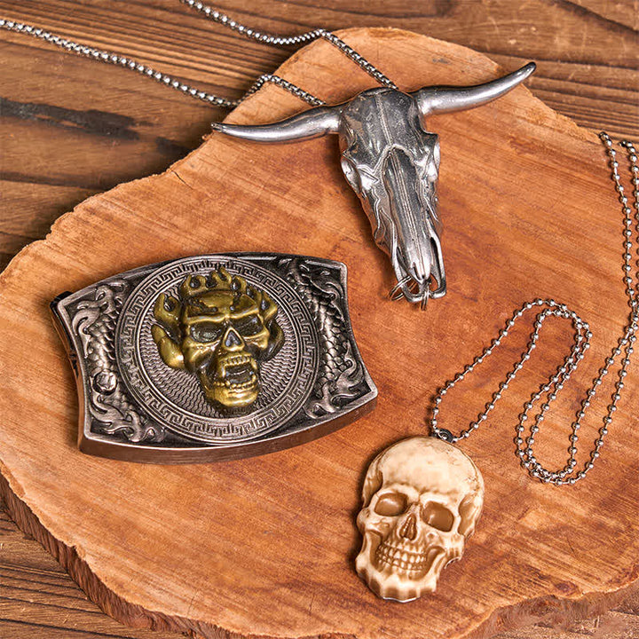 Set di collana con ciondolo a forma di teschio dorato, fibbia per cintura con coltello nascosto fai da te e testa di teschio di toro - Teschio d'oro - Senza cintura - Cintura non inclusa - image 1