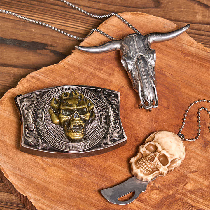 Set di collana con ciondolo a forma di teschio dorato, fibbia per cintura con coltello nascosto fai da te e testa di teschio di toro - image 2