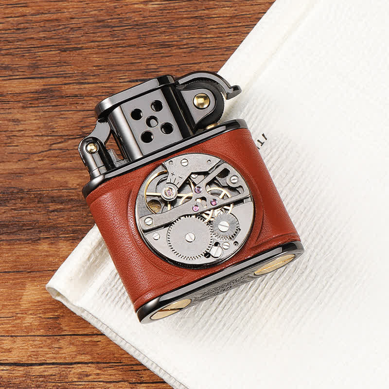 Accendino a cherosene Steampunk Mechanical Antique Leather Flip - Marrone - image 2