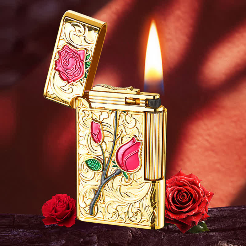 Accendino a butano ricaricabile con meccanismo laterale a pietra focaia e rosa rossa in oro - image 0
