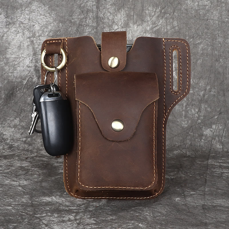 Porta cellulare vintage in pelle con cintura da appendere e portachiavi - Marrone - image 0