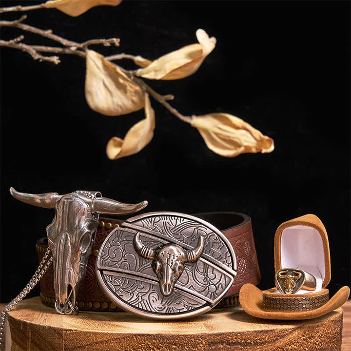 Set di anelli con ciondolo e fibbia per cintura con coltello nascosto fai da te Longhorn Bull - Oro - Cintura con rivetti marroni - 42 - image 11