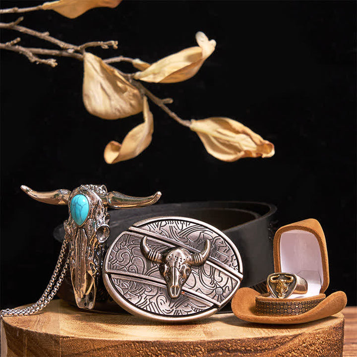 Set di anelli con ciondolo e fibbia per cintura con coltello nascosto fai da te a forma di toro Longhorn turchese - Oro - Cintura con aquila in rilievo nera - 42 - image 11