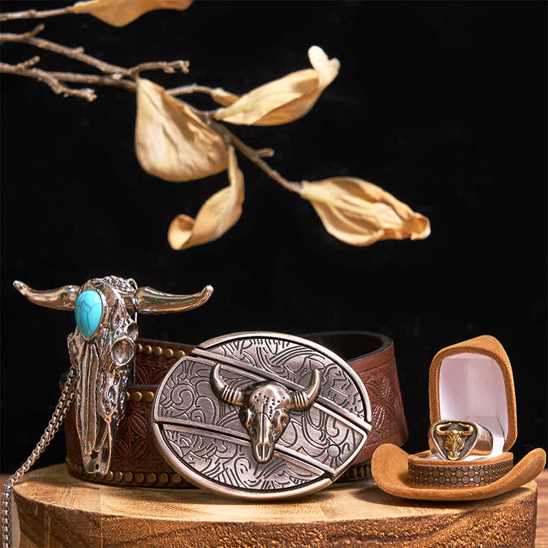 Set di anelli con ciondolo e fibbia per cintura con coltello nascosto fai da te a forma di toro Longhorn turchese - Oro - Cintura con rivetti marroni - 42 - image 12