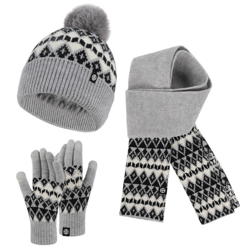 3 pezzi unisex comfort diamante modello lavorato a maglia cappello sciarpa guanti set - Grigio - Regolabile (21 1/4"-22 7/8") - image 0
