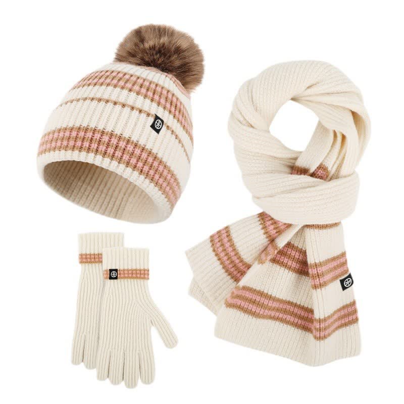 Set di 3 cappelli, sciarpe e guanti lavorati a maglia con motivo a righe unisex e palline di pelo - image 14