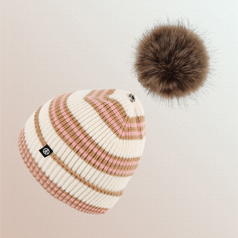Set di 3 cappelli, sciarpe e guanti lavorati a maglia con motivo a righe unisex e palline di pelo - image 15