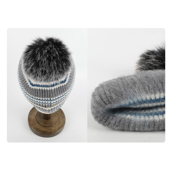 Set di 3 cappelli, sciarpe e guanti lavorati a maglia con motivo a righe unisex e palline di pelo - image 7