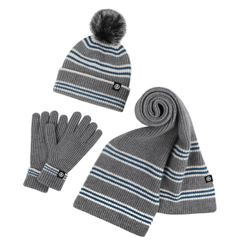 Set di 3 cappelli, sciarpe e guanti lavorati a maglia con motivo a righe unisex e palline di pelo - image 6