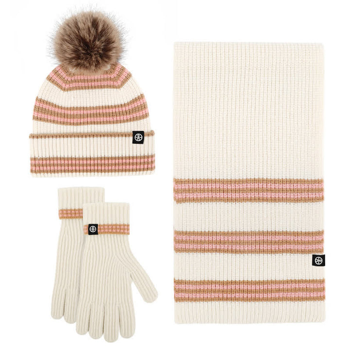 Set di 3 cappelli, sciarpe e guanti lavorati a maglia con motivo a righe unisex e palline di pelo - Avorio - Regolabile (21 1/4"-22 7/8") - image 10