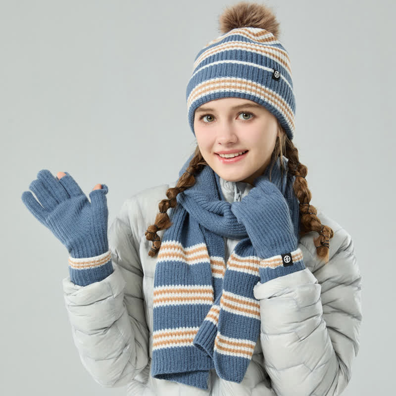 Set di 3 cappelli, sciarpe e guanti lavorati a maglia con motivo a righe unisex e palline di pelo - image 1
