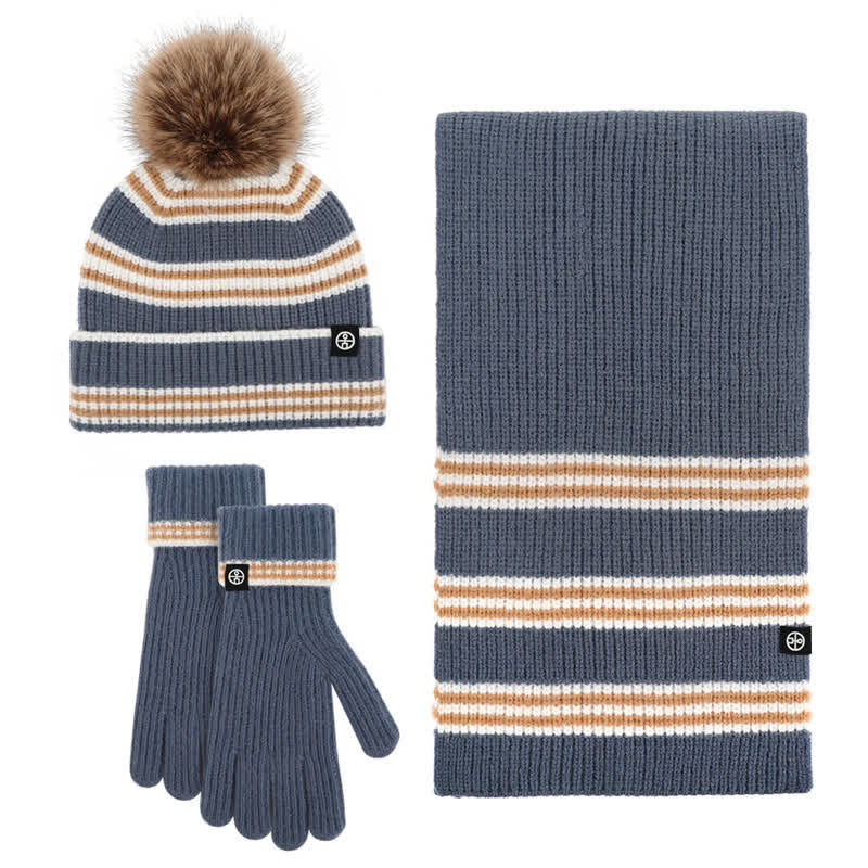 Set di 3 cappelli, sciarpe e guanti lavorati a maglia con motivo a righe unisex e palline di pelo - Acciaio Blu - Regolabile (21 1/4"-22 7/8") - image 0