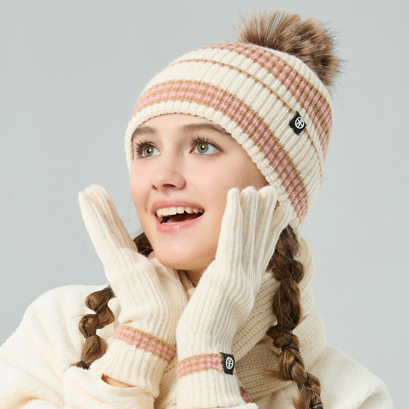 Set di 3 cappelli, sciarpe e guanti lavorati a maglia con motivo a righe unisex e palline di pelo - image 11