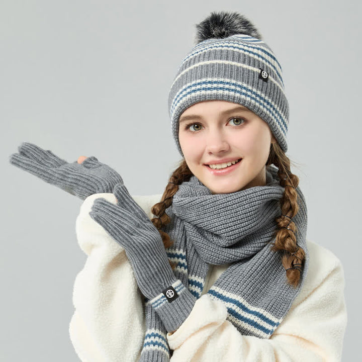 Set di 3 cappelli, sciarpe e guanti lavorati a maglia con motivo a righe unisex e palline di pelo - image 4