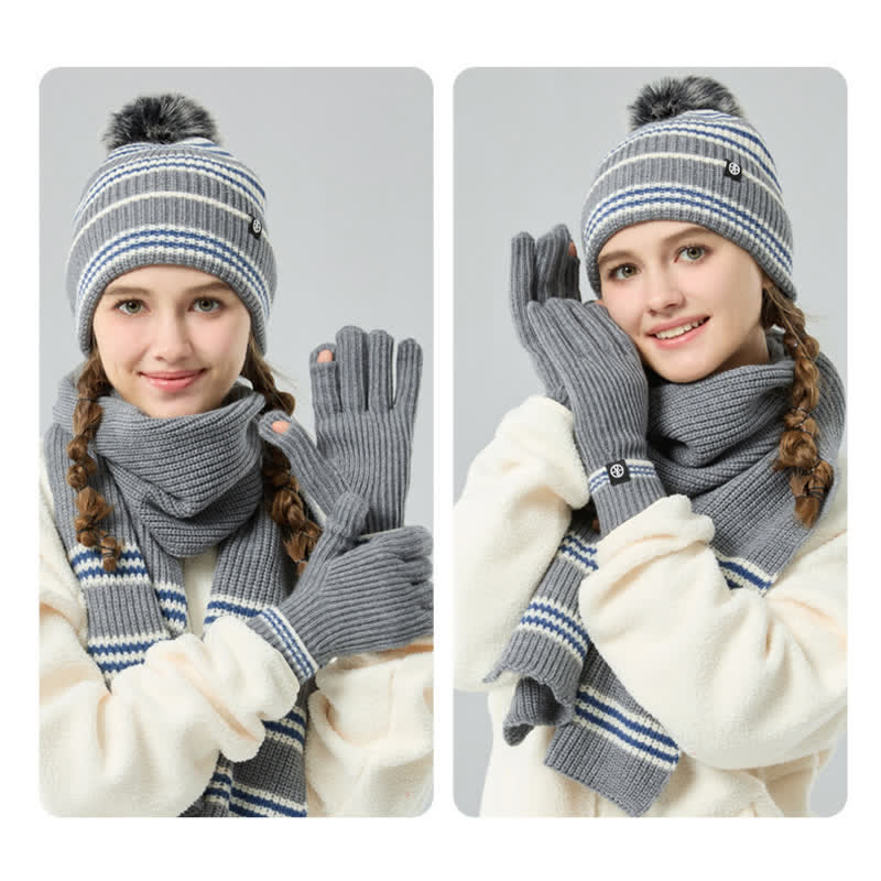 Set di 3 cappelli, sciarpe e guanti lavorati a maglia con motivo a righe unisex e palline di pelo - image 5