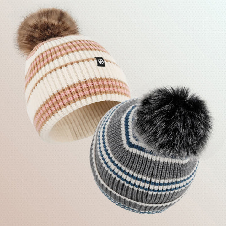 Set di 3 cappelli, sciarpe e guanti lavorati a maglia con motivo a righe unisex e palline di pelo - image 16