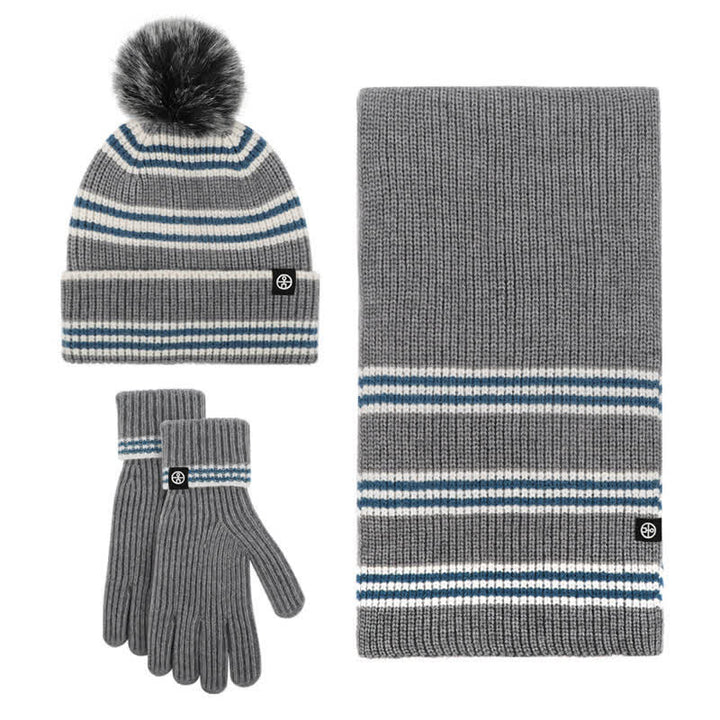 Set di 3 cappelli, sciarpe e guanti lavorati a maglia con motivo a righe unisex e palline di pelo - Grigio - Regolabile (21 1/4"-22 7/8") - image 3