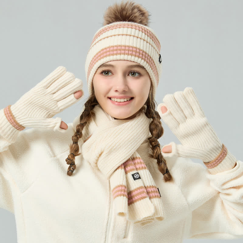 Set di 3 cappelli, sciarpe e guanti lavorati a maglia con motivo a righe unisex e palline di pelo - image 12