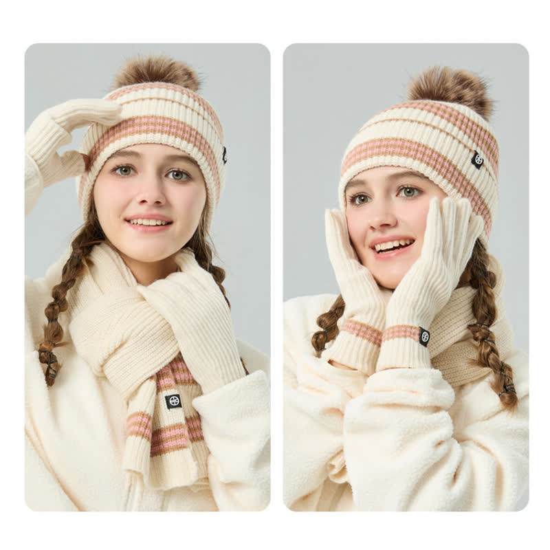 Set di 3 cappelli, sciarpe e guanti lavorati a maglia con motivo a righe unisex e palline di pelo - image 13