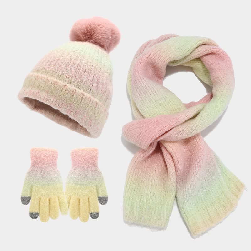 3 pezzi unisex colorato tie-dyed palla di pelliccia lavorato a maglia cappello sciarpa guanti set - Rosa - Regolabile (22"-23 5/8") - image 15