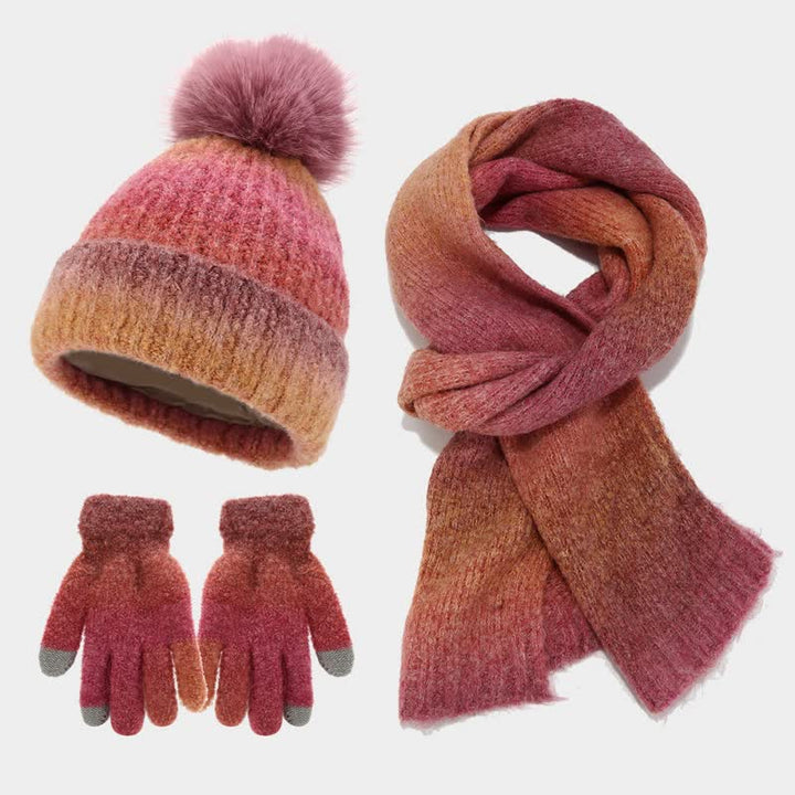 3 pezzi unisex colorato tie-dyed palla di pelliccia lavorato a maglia cappello sciarpa guanti set - Rosso - Regolabile (22"-23 5/8") - image 4