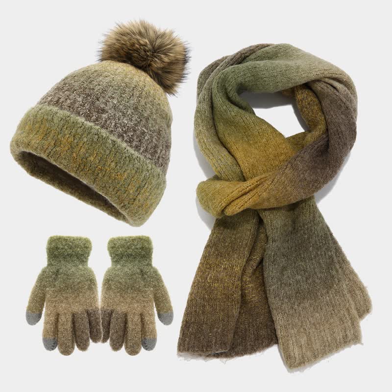 3 pezzi unisex colorato tie-dyed palla di pelliccia lavorato a maglia cappello sciarpa guanti set - Verde - Regolabile (22"-23 5/8") - image 19