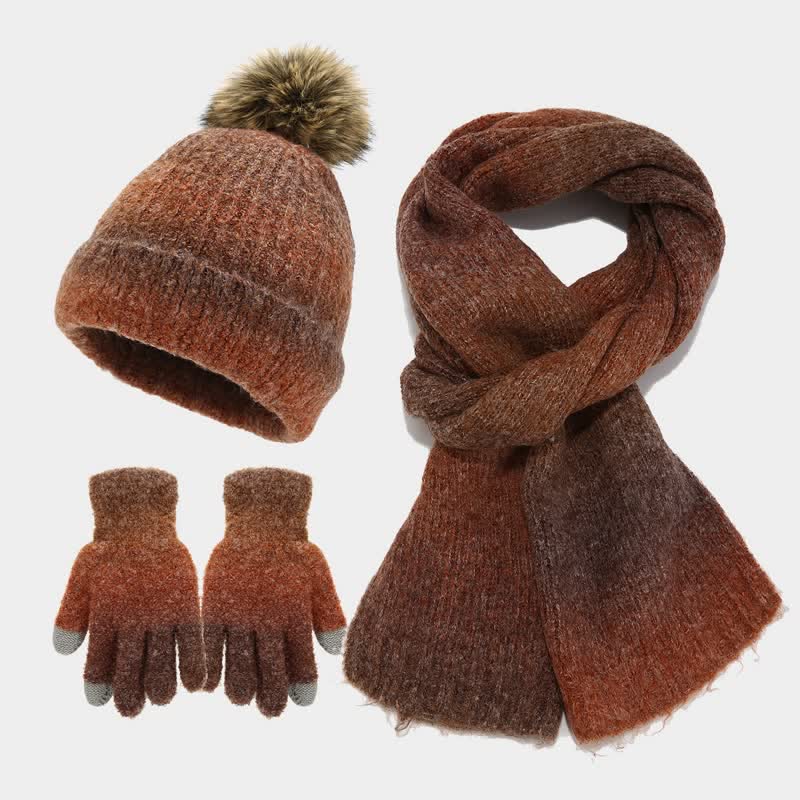3 pezzi unisex colorato tie-dyed palla di pelliccia lavorato a maglia cappello sciarpa guanti set - Caramello - Regolabile (22"-23 5/8") - image 23