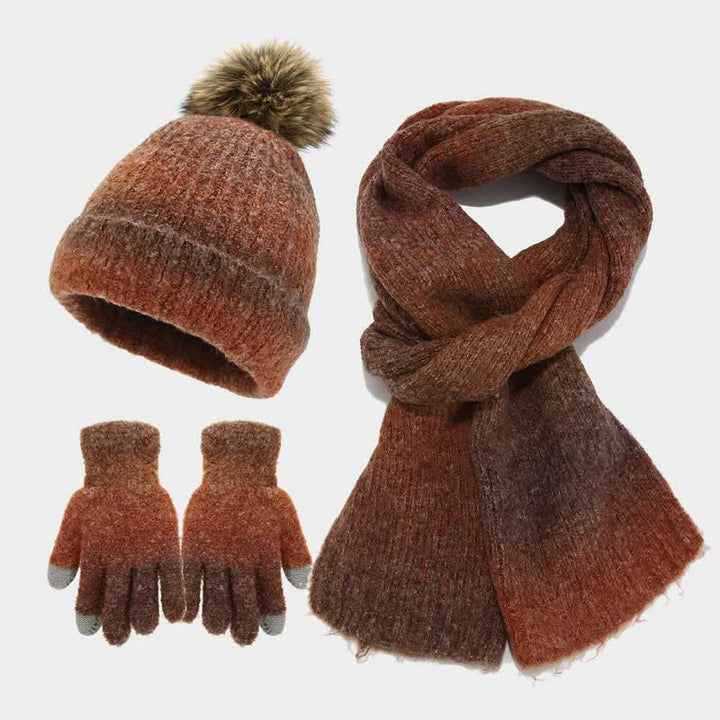 3 pezzi unisex colorato tie-dyed palla di pelliccia lavorato a maglia cappello sciarpa guanti set - Caramello - Regolabile (22"-23 5/8") - image 23