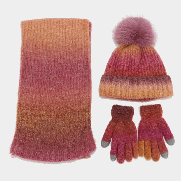 3 pezzi unisex colorato tie-dyed palla di pelliccia lavorato a maglia cappello sciarpa guanti set - image 5