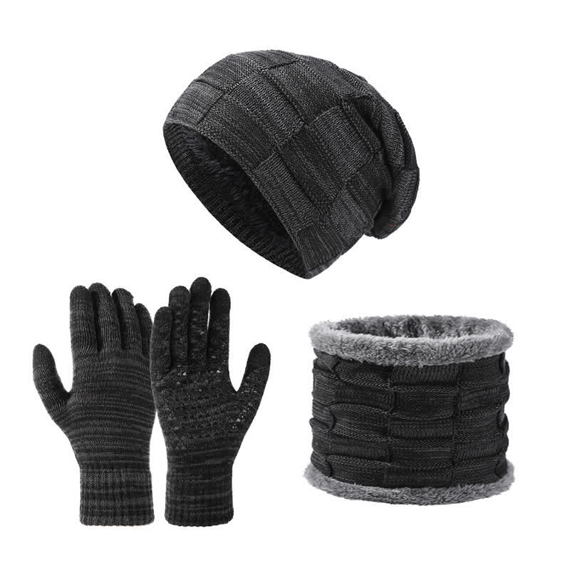 Set di 3 guanti scaldacollo lavorati a maglia quadrati bicolore unisex - Nero - Regolabile (21 5/8"-23 5/8") - image 1