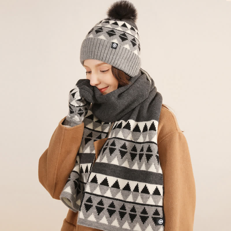 3 pezzi unisex triangolo modello pelliccia pompon cappello lavorato a maglia sciarpa guanti set - image 16