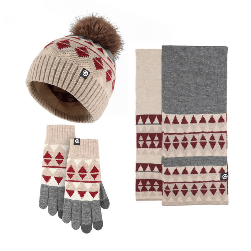 3 pezzi unisex triangolo modello pelliccia pompon cappello lavorato a maglia sciarpa guanti set - image 0