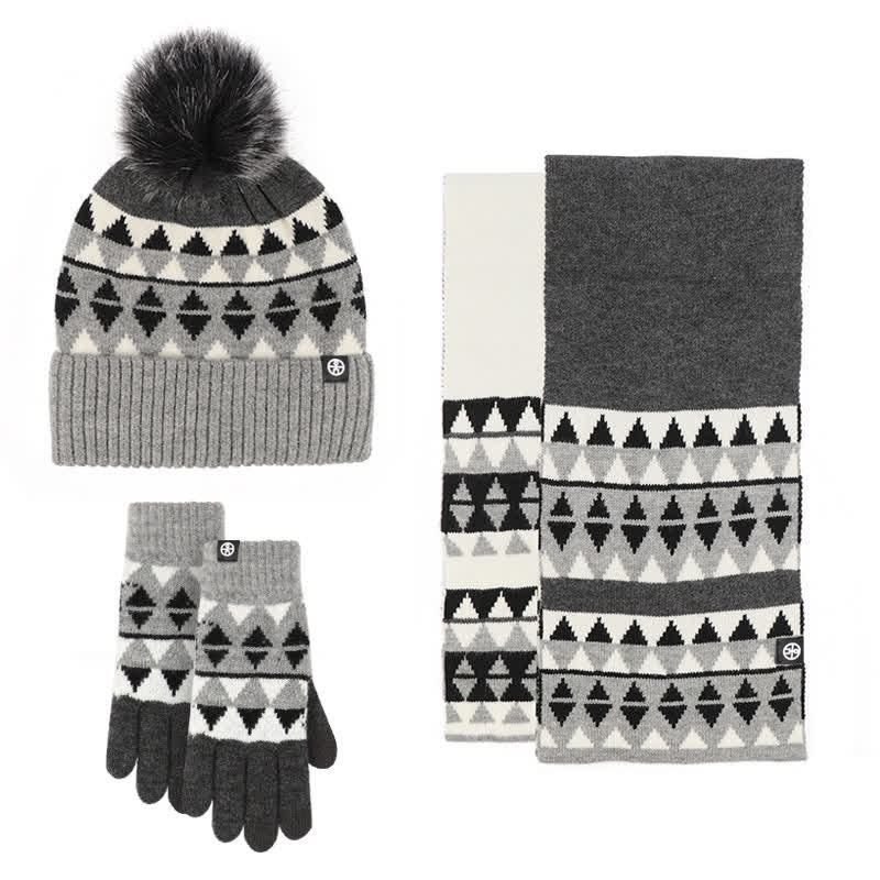3 pezzi unisex triangolo modello pelliccia pompon cappello lavorato a maglia sciarpa guanti set - Nero - Regolabile (21 1/4"-22 7/8") - image 15